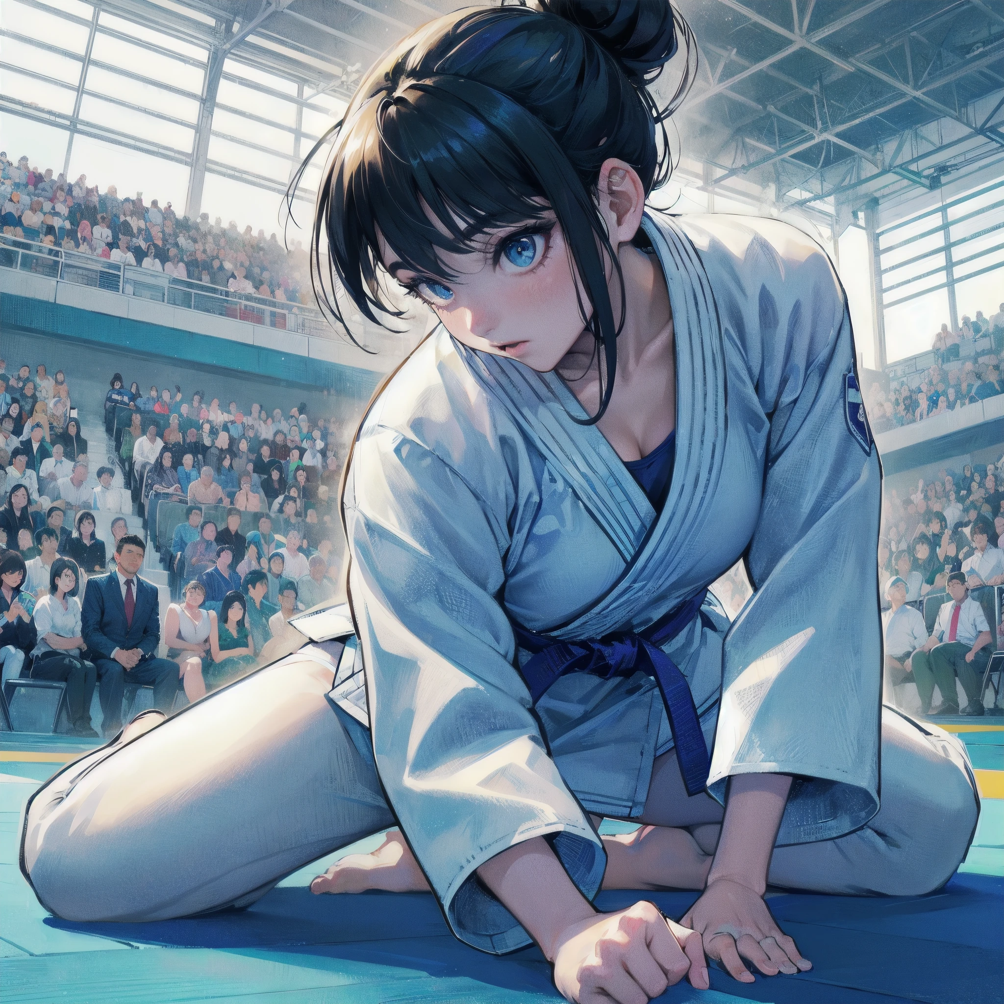 high quality,HD,16k,sharp lines,1 girl,Female judo athlete ,cute face, large breasts, nice legs,At the judo venue,focus girl,detailed beautiful face,detailed clothes,beautiful eyes,cool,dynamic angle
