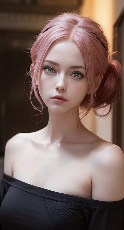 young woman, short shoulder-length pink hair, wide forehead, porcelain skin, pink eyebrows, big emerald green eyes, buttoned nose, full lips, heart-shaped face, slender body, small breasts, red tank top, Sakura Haruno , realistic, realism, details, 3d, well detailed