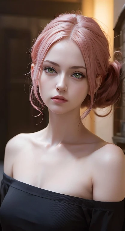 young woman, short shoulder-length pink hair, wide forehead, porcelain skin, pink eyebrows, big emerald green eyes, buttoned nose, full lips, heart-shaped face, slender body, small breasts, red tank top, Sakura Haruno , realistic, realism, details, 3d, well detailed
