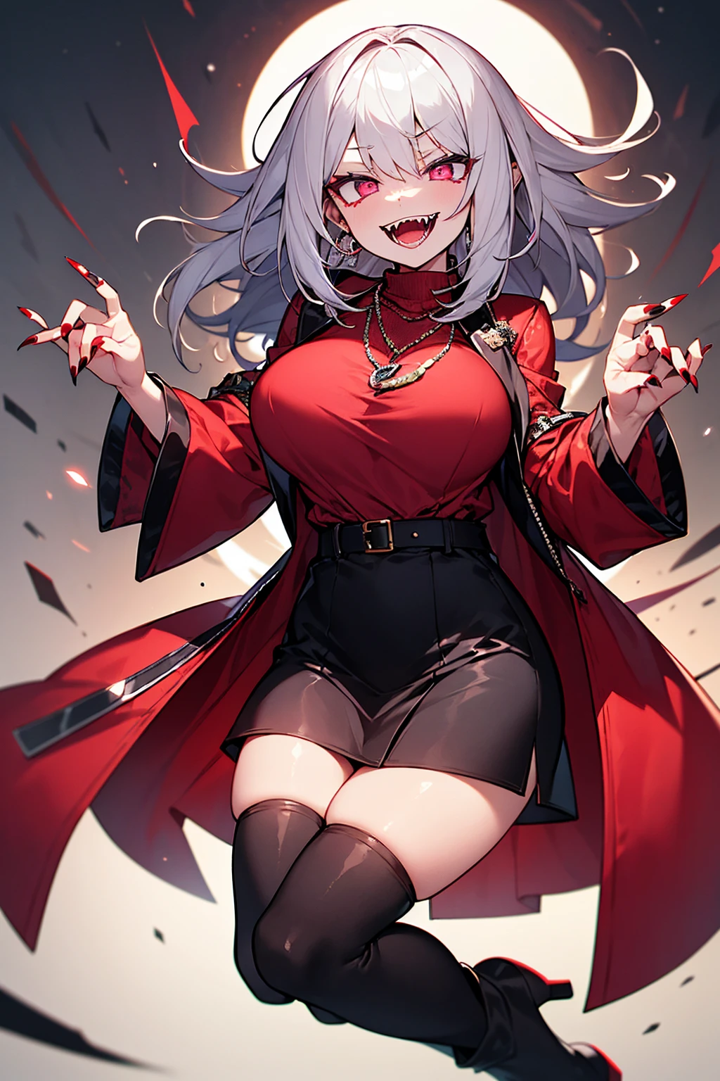 highest quality、4K、masterpiece、Silver Hair、Slanted Eyes、Pink Eyes、Pale skin、vampire、Black long sleeve knit、ruby necklace、Big Breasts、Short skirt、Knee-high boots、sexy、Sharp Fangs、Insanity、Cruel、attack、darkness、Ahegao、Red nails、Bad Smile、Red full moon