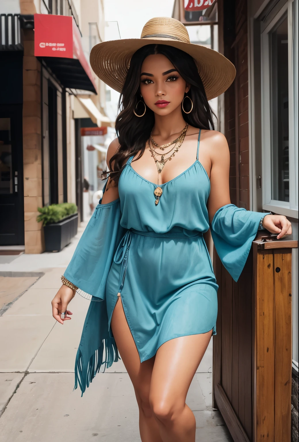 Austin, Texas
**Ethnicity:**
The model is of mixed heritage, reflecting the diverse cultural blend that Austin embraces. She has a unique mix of African-American and Latina roots, giving her a striking appearance with rich, warm brown skin and expressive, deep-set eyes.

**Attire:**
Her outfit is a modern twist on bohemian chic, perfect for the eclectic vibe of Austin. She wears a flowing, asymmetrical dress with a bold pattern that mixes southwestern motifs with vibrant colors—think turquoise, burnt orange, and deep reds. The dress has a high-low hem, shorter in the front to showcase her knee-high, tan suede boots with fringe detailing. Accessories include a wide-brimmed hat in a deep brown shade, layered necklaces with turquoise stones, and chunky, silver bracelets that jingle with her every move.

**Body Type:**
The model has a statuesque figure, standing tall at around 5'10". She’s athletic yet curvy, with strong legs that speak to her active lifestyle—perhaps a nod to Austin's love for outdoor activities. Her posture is confident, with a graceful yet powerful stride that commands attention on the runway.

**Distinct Features:**
What sets her apart is her beautiful halo of voluminous, natural curls, which bounce with every step. Her eyes are framed by perfectly arched brows and long, fluttering lashes, giving her a captivating gaze. She also has a small, tasteful nose ring, adding a touch of edginess to her bohemian look. Her makeup is minimal but effective, with a focus on glowing skin and a bold lip color that matches the vibrant energy of her outfit.


