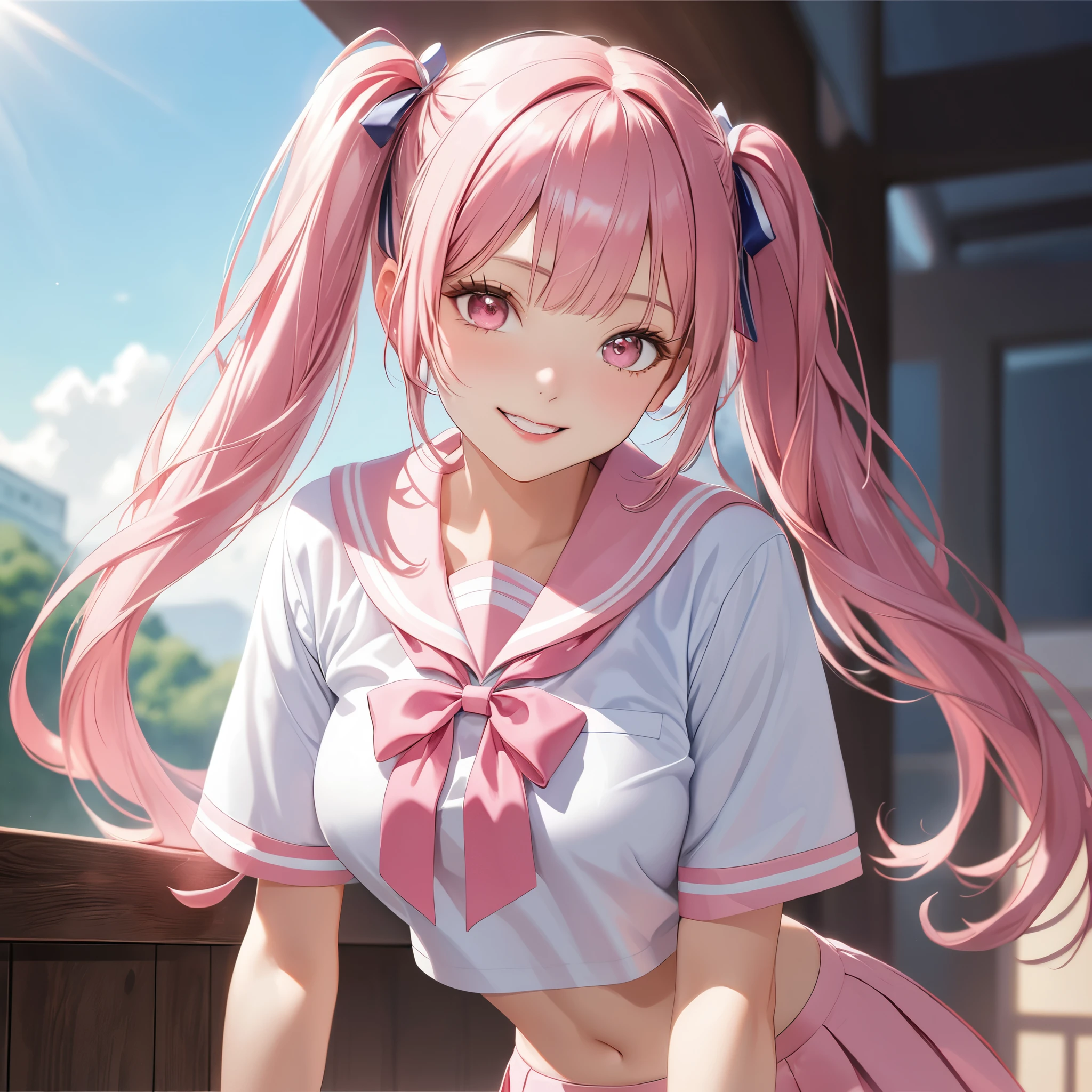 (8K, masutepiece, Best Quality, Official art, beautiful detailed, beautiful lighting, best masterpiece in history that exceeds limits), (1 Girl, Solo), (sixteen years old), (beautiful detailed face), (shiny white skin), (Beautiful big bust:1.3), (thighs, navel), (beautiful detailed pink twin tails hair, Bangs:1.3), (beautiful detailed drooping pink eyes:1.5), (high school uniform:1.3), (patsel pink sailor collar, white short sleeves short length outing shirt, pastel pink pleated skirt, patsel pink ribbon:1.3), (happy smile:1.2), (Attractive, Look at the camera, cute pose), breathtaking scenery, (ultra detailed realistic Beautiful high school, study, blue sky:1.2),