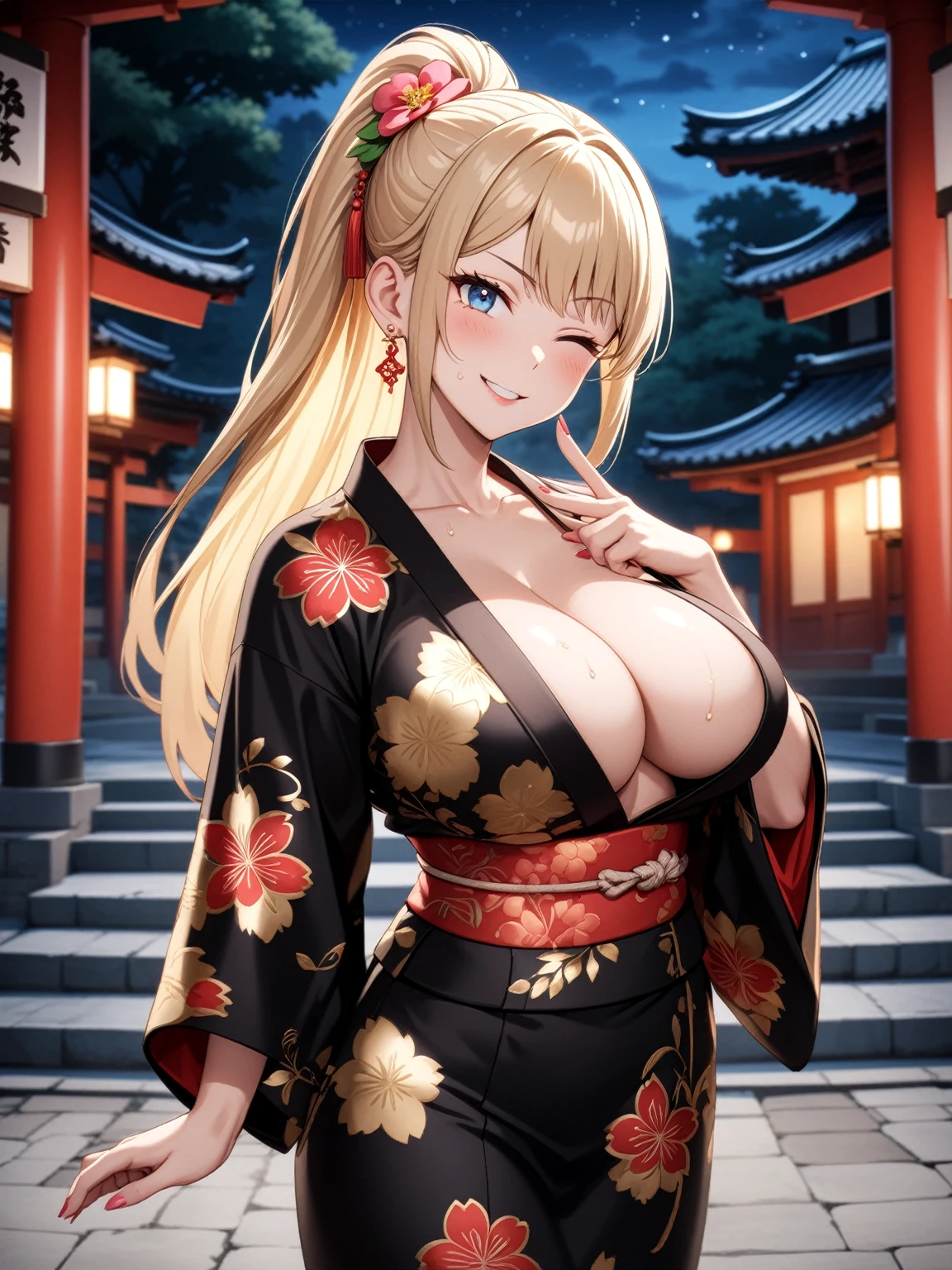 ((One woman)), Beautiful Face,Kind Face,((Wink:2.0)),Blushing,Glossy Lips,Abstract, Shrine at night, ((Anime style background)),masterpiece, highest quality, so beautiful, Absurd, up to date, Complex details, Pink long nails,AI-generated, Complex,High resolution, highest quality, super high quality,3D Images、View the viewers、3D Images,one person,Long Blonde Hair,(Hair with dark hairline),High Ponytail,blue eyes,Anime woman posing for a photo, [[Fine grain、Colorful eyes、Shining Eyes:1.15]],(Squint your eyes:1.1),a hyperRealistic , hyperRealistic , Realistic , Blonde anime woman with long hair, Smooth anime CG art, A woman in a colorful kimono with gold embroidery, Floral Yukata,Black kimono,Flower Hair Ornaments,Earrings,(Large Breasts:1.4),Mature Body,Sweat all over,tall,Big Ass,Fine details,Trained abdominal muscles,Tilt your face,Caress the breasts with your fingers