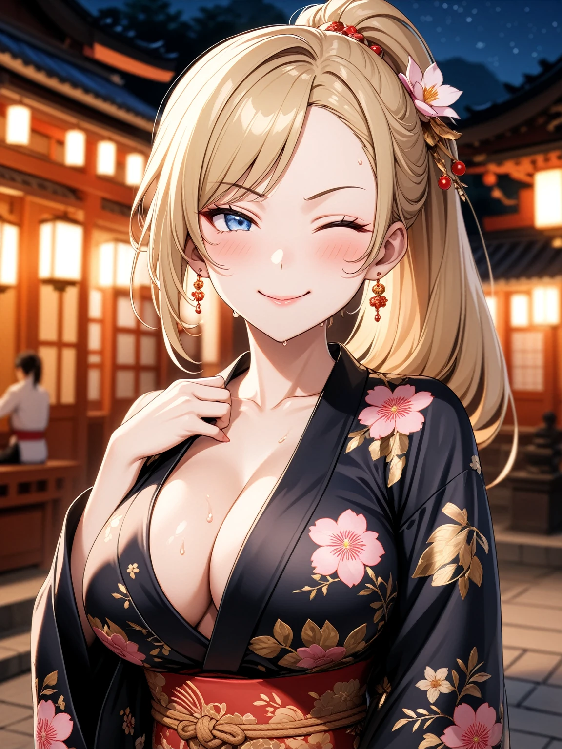 ((One woman)), Beautiful Face,Kind Face,((Wink:2.0)),Blushing,Glossy Lips,Abstract, Shrine at night, ((Anime style background)),masterpiece, highest quality, so beautiful, Absurd, up to date, Complex details, Pink long nails,AI-generated, Complex,High resolution, highest quality, super high quality,3D Images、View the viewers、3D Images,one person,Long Blonde Hair,(Hair with dark hairline),High Ponytail,blue eyes,Anime woman posing for a photo, [[Fine grain、Colorful eyes、Shining Eyes:1.15]],(Squint your eyes:1.1),a hyperRealistic , hyperRealistic , Realistic , Blonde anime woman with long hair, Smooth anime CG art, A woman in a colorful kimono with gold embroidery, Floral Yukata,Black kimono,Flower Hair Ornaments,Earrings,(Large Breasts:1.4),Mature Body,Sweat all over,tall,Big Ass,Fine details,Trained abdominal muscles,Tilt your face,Caress the breasts with your fingers