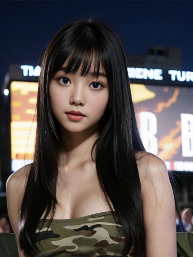 close-up of beautiful North Korean female, long hair, straight hair, flat bangs hair, 40 inch breasts size, camouflage bandeau tube top, camouflage short pants, in the army camp, night, seeing billboard is behind, army camp background, UHD