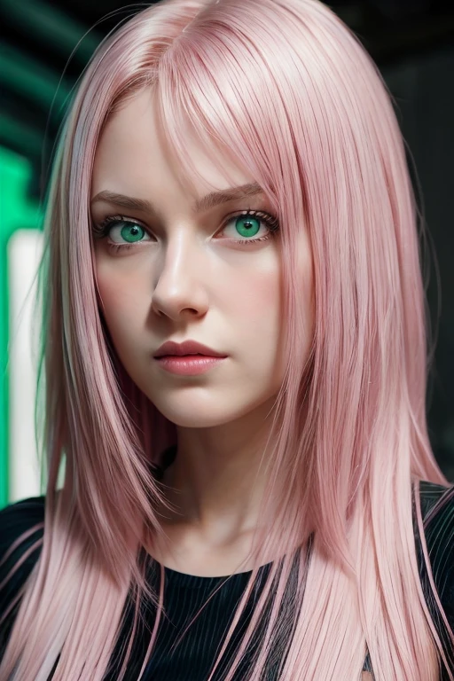 young woman, short shoulder-length pink hair, wide forehead, porcelain skin, pink eyebrows, big emerald green eyes, buttoned nose, full lips, heart-shaped face, slender body, small breasts, red tank top, Sakura Haruno , realistic, realism, details, 3d, well detailed
