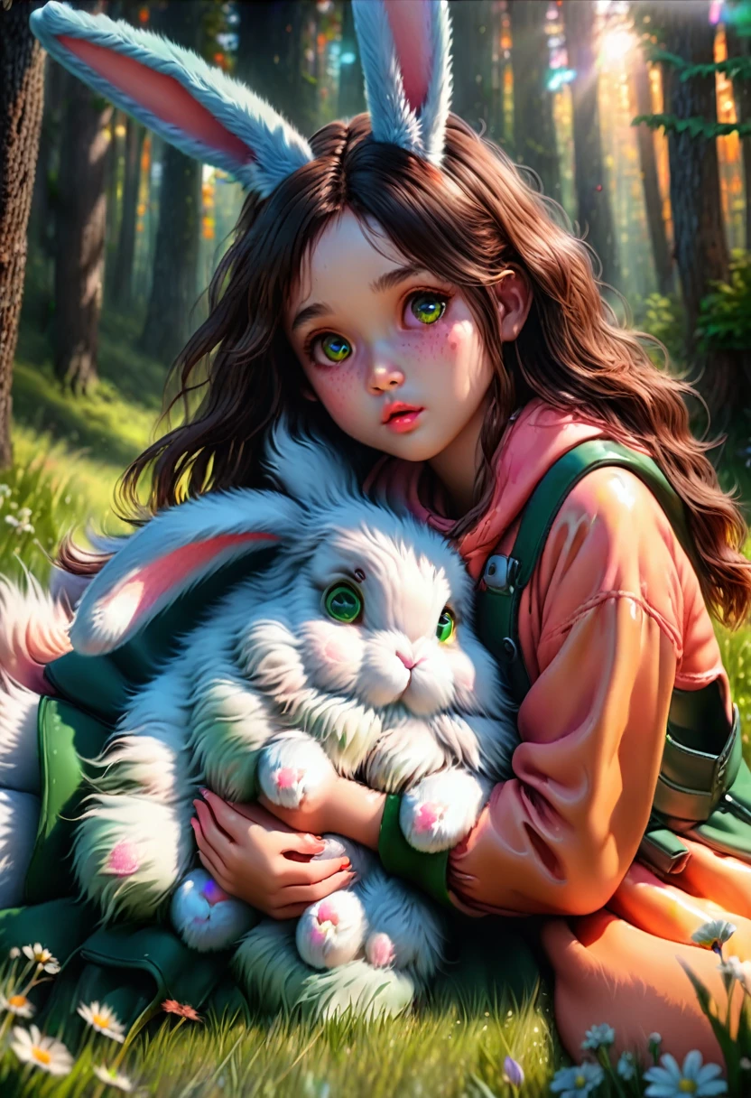 a cute girl with long fluffy rabbit ears, rabbit ears, bunny, green meadow, forest, photorealistic, highly detailed, 8k, (best quality,4k,8k,highres,masterpiece:1.2),ultra-detailed,(realistic,photorealistic,photo-realistic:1.37),HDR,UHD,studio lighting,extreme detail description,vivid colors,soft lighting,warm colors,natural environment