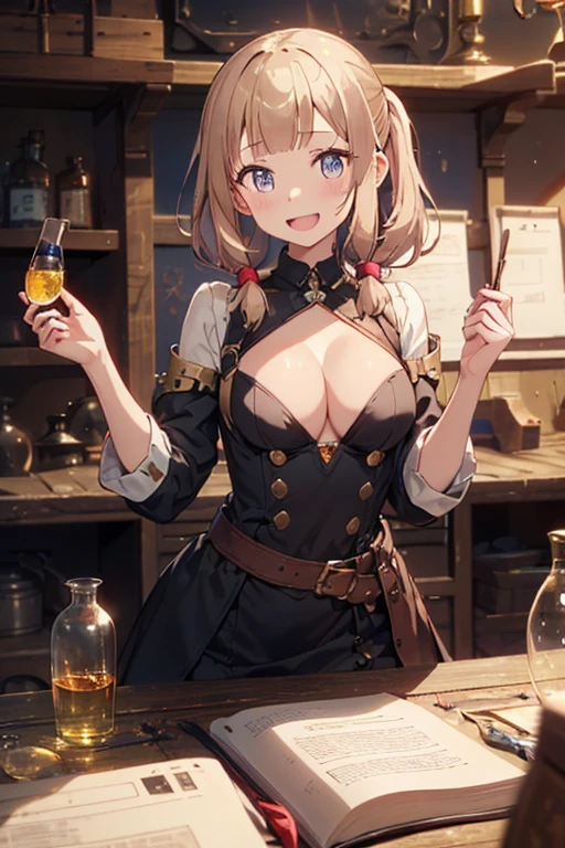 (fantasy:1.5),(8k,masterpiece, top quality, best quality,beautiful and aesthetic:1.2,professional illustrasion:1.1,ultra detail:1.3,perfect lighting),extremely detailed,highest detailed,incredibly absurdres , highres, ultra detailed,intricate:1.6,(Alchemy Workshop:1.4),A girl mixing,Medicine in many small bottles,holding small potion,colorful:1.4,zentangle,(a girl 26yo old),(cute girl),pointed chest:1.3,(double breasted:1.2,under bust:1.2), Amazing Cleavage:1.1, thin waist, medium ass, Raised sexy, (small breast: 1.6) posed cleavage:1.2,(female alchemy fashon:1.3),(highly detailed beautiful face and eyes,firm breasts),oily skin,((bronde hair, long pony tail hair)),thin pubic hair,cute,lovely,beautifuk alchemist costume,smile,in the Alchemy Workshop,smile,seductive weak smiling,(with sparkling eyes and a contagious smile),open mouth, Looking at Viewer,