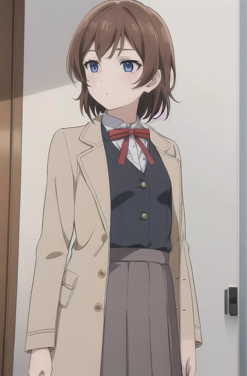 (extremely detailed CG unity 8k wallpaper),(masterpiece),(best quality),(ultra-detailed),(best illustration),(best shadow),(short brownish-red hair, wears a uniform gray skirt, white blouse, blue eyes, bungou stray dogs style. 1 boy, dazai osamu, beige pants, blue blouse, brown coat, brown eyes, brown hair