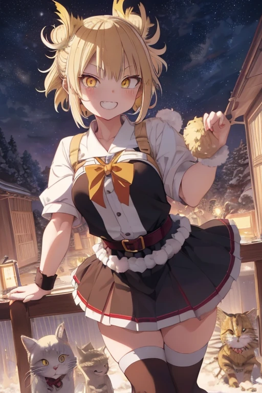 (himiko toga),(Anime),+,(Boku no hero academia),(kohei horikoshi),(Yellow eyes and cat's pupils), (short blonde hair with two pompoms), (with a perverted smile on her face with two cat-style teeth on top and two cat-style teeth on the bottom), (wearing),+,(a sexualized Christmas-style dress),+,(Beautiful image),(8k high image),(High resolution image),(Perfect pretty face),(perfect mouth),(bug fix),(better quality),(Image without any bus), (super beautiful image)