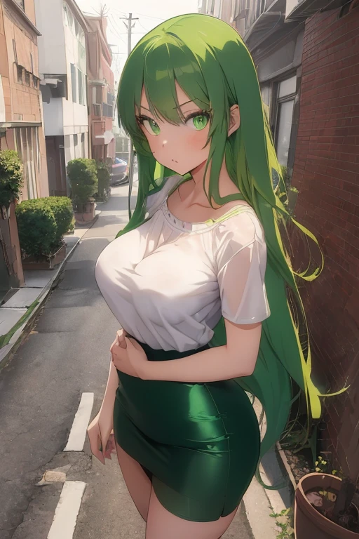 /(Girl),(anime),(rear view),(Long green hair and green eyes),(facing forward),(full body portrait),(super pretty young woman, pretty face),(18 years old),(mature and large body with super large GL breasts and large ass),(Wearing),+,(a tight blouse with a sexy neckline in the middle and a tight and sexy super short pencil skirt embodying the ass)