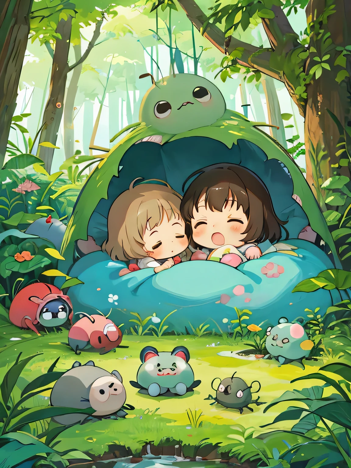 hayao miyazaki style, Kawaii Design, The most beautiful girl of all time、Chibi, Cute and colorful pillbugs、Taking a nap together、Lots of pillbugs、Totoro Forest