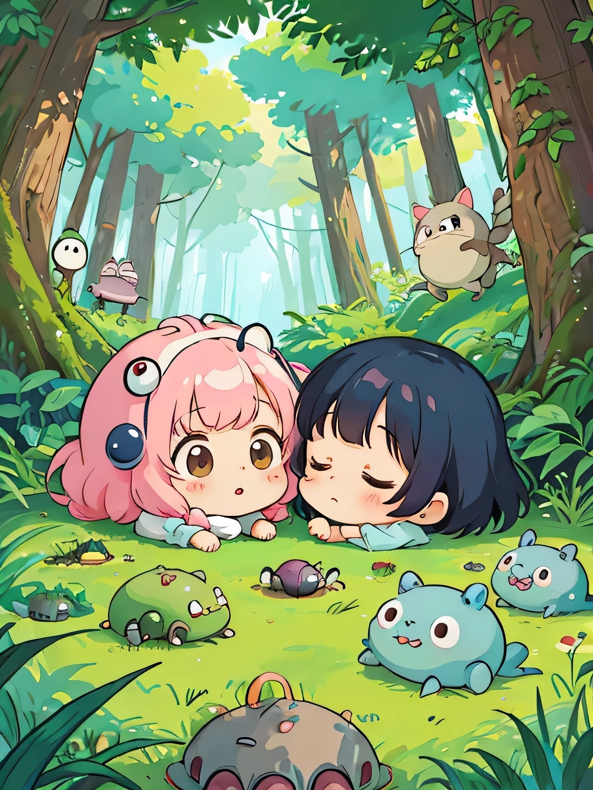 hayao miyazaki style, Kawaii Design, The most beautiful girl of all time、Chibi, Cute and colorful pillbugs、Taking a nap together、Lots of pillbugs、Totoro Forest