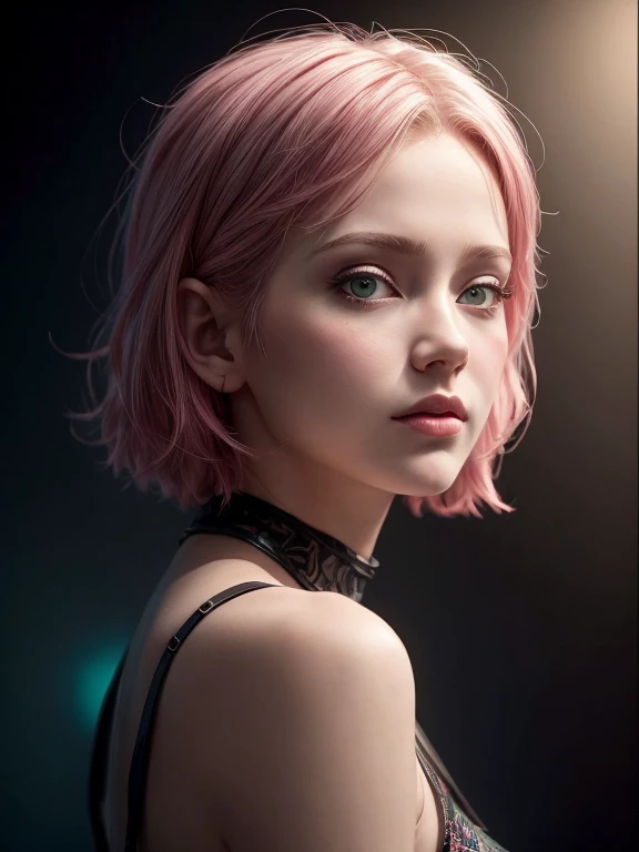 young woman, short shoulder-length pink hair, wide forehead, porcelain skin, pink eyebrows, big emerald green eyes, buttoned nose, full lips, heart-shaped face, slender body, small breasts, red tank top, Sakura Haruno , realistic, realism, details, 3d, well detailed