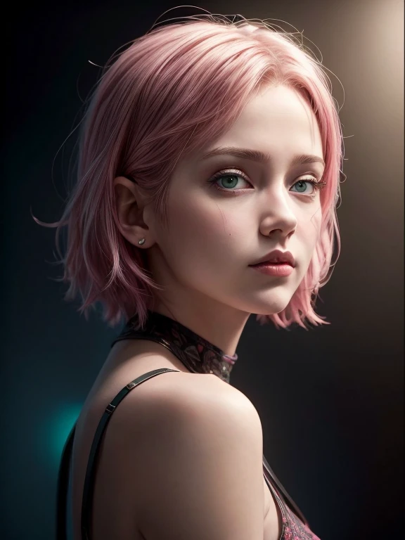 young woman, short shoulder-length pink hair, wide forehead, porcelain skin, pink eyebrows, big emerald green eyes, buttoned nose, full lips, heart-shaped face, slender body, small breasts, red tank top, Sakura Haruno , realistic, realism, details, 3d, well detailed
