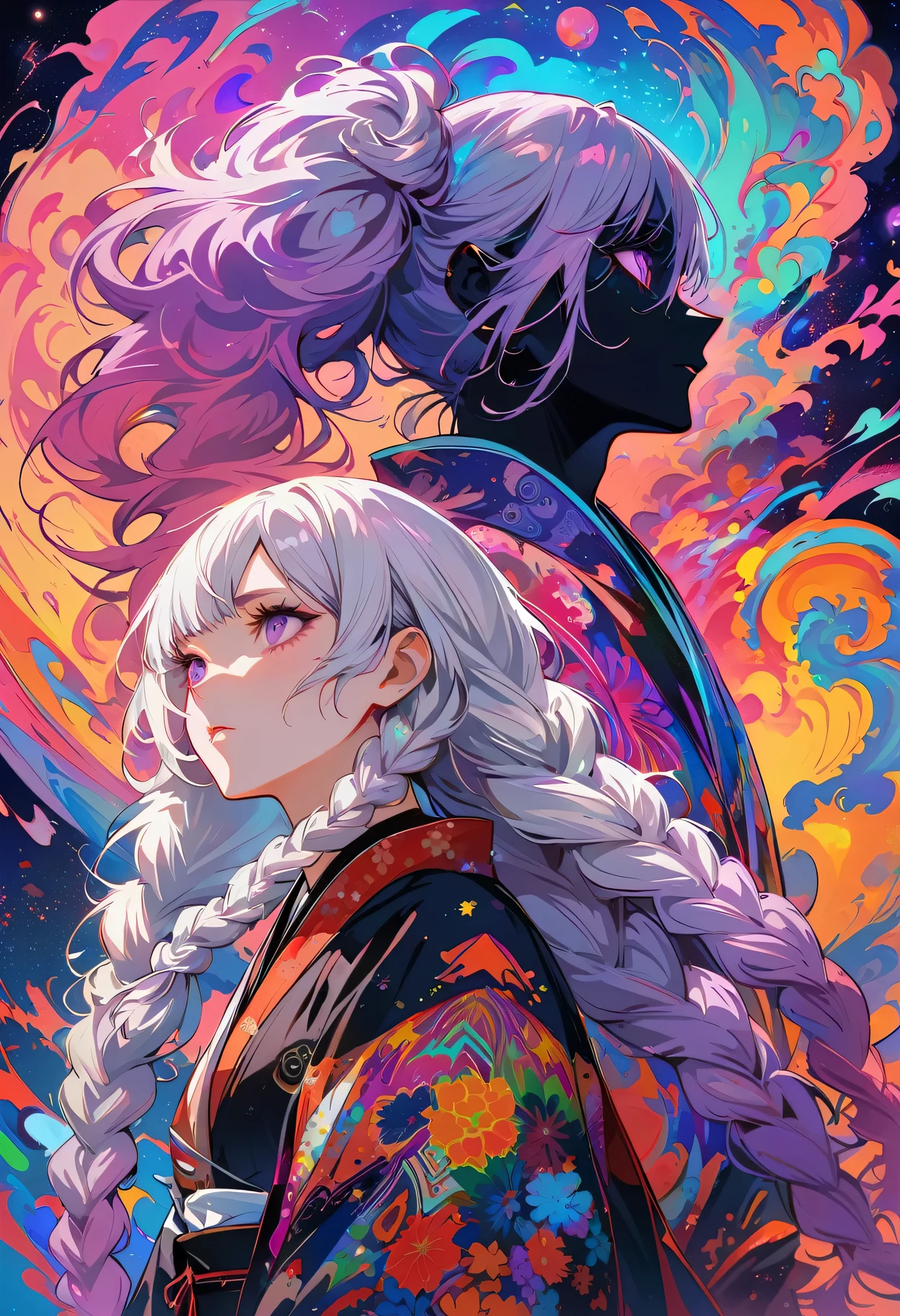 realist, (masterpiece, best quality, official art, beauty, Gothic, Tokyo Ghoul style: 1.2), Very detailed, fractal art, Gorgeous, More detail, Zentangle, (Atmospheric, cosmic, Psychedelic, dreamlike, fear, abstract background: 1.5), Kaneki Ken(Kaneki Ken),(Back-to-back), yinji, purple hair, purple eyes, long hair, white hair, double braids, gradient hair, Japanese folk style clothing