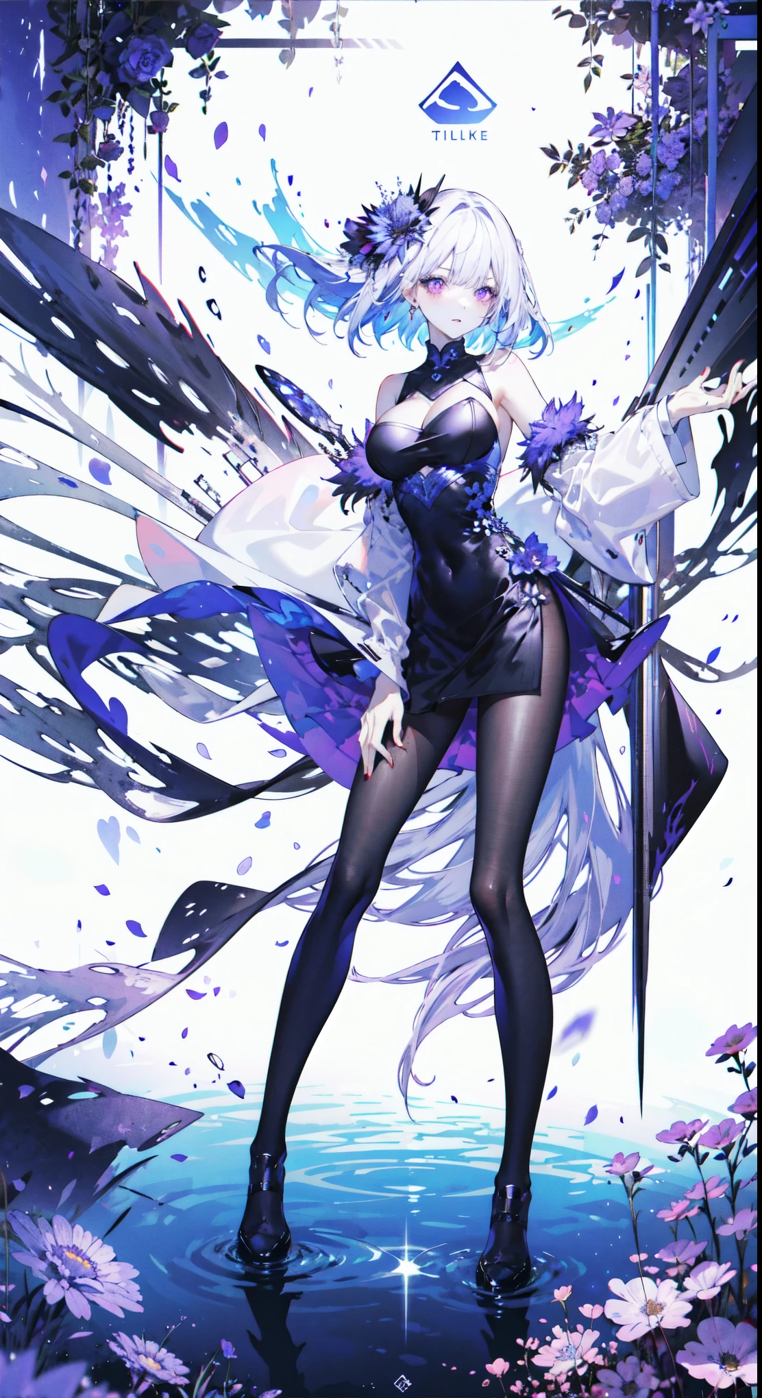 ((masterpiece:1.4,best quality)),(Super detailed),(Extremely detailed eyes),(black leggings,Shiny socks:1.5),Hello Darkness
((Sexy Girl,Large Breasts)),(Blood-red pupils,Diamond-shaped pupil:1.15),Purple Eyeshadow,(elongated hair,Thick hair,shiny hair:1.5)(By changing:1.2),White skin,tilt head to one side,kneel
(She wears blue armor,Tight cheongsam,:1.5),Very long plush sleeves,White,White Cloud,Dream bubbles ,Ice and glitter effects
(Black long skirt:1.1),
(dawn:1.2),
(Intense black and white:1.16),(Depth of Field:1.4),,Intricate details,(Castle in the Sky,Standing by the lake,Purple flowers by the lake)