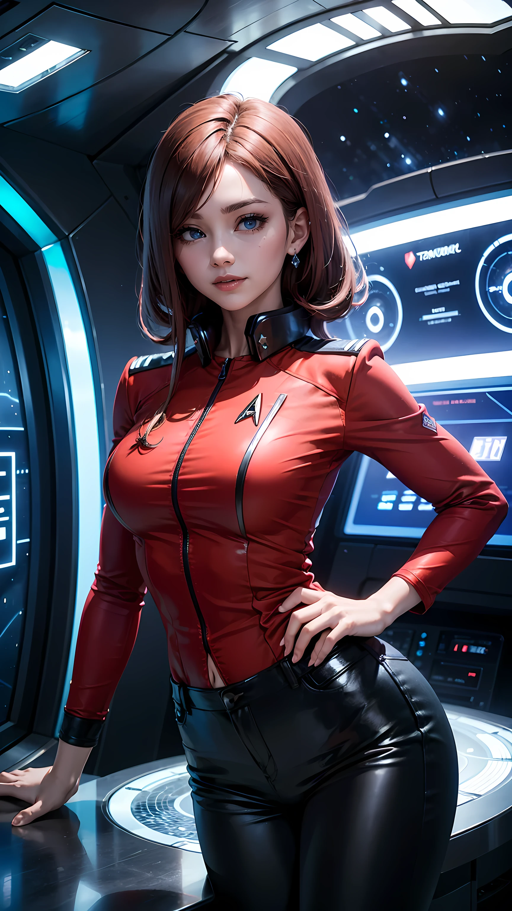 Beautiful hair woman is shown to have a sexy figure, She is wearing classic star trek all red uniform, red shirt, black pants, jewelry, she has blue eyes, smile tease look, Girl standing on a command bridge of a starship, poseing, portrait, superior quality, many details, realistic