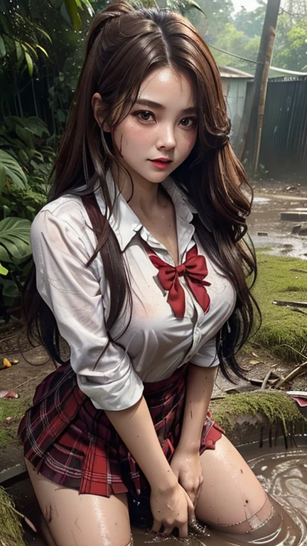 school girl in forest , tropical rainforest , waistband of skirt is at the point above chest , school girl big breast , red knot , red bow , skirt dark red , plaid skirt , pleated skirt , dirty white Shirt , realisitic、top-quality、crisp photos 、a lot of garbage and junk 、((beautiful a girl、Constricted waist、Neat face、Most beautiful face、Elaborate face、dense dirty brown hair、Refreshing look、Pleasant look、Happy expression、Joy covered in filth、Glad to get dirty))、(dirty school girl uniform、Tangier、brawn hair)、((long and beautiful legs are dirty、Lying face down on filth、Girl with beautiful ass、Scoop out filth with both hands、Beautiful girl's hair is covered in mud、The joy of lying in dirty sewage))、(((I want to smear filth all over my body.、A large amount of sewage flows down the head、The whole body is full of filth、Stick out your buttocks and open your legs、a large amount of dirty garbage and waste,,、Heaps of garbage)) , twin tails hair , dirty white Pantyhose , School shoes, dirty white socks