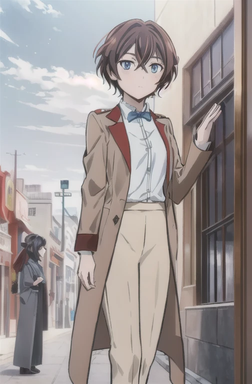 (extremely detailed CG unity 8k wallpaper),(masterpiece),(best quality),(ultra-detailed),(best illustration),(best shadow),(short brownish-red hair, wears a uniform gray skirt, white blouse, blue eyes, bungou stray dogs style. dazai osamu, beige pants, blue blouse, brown coat, 