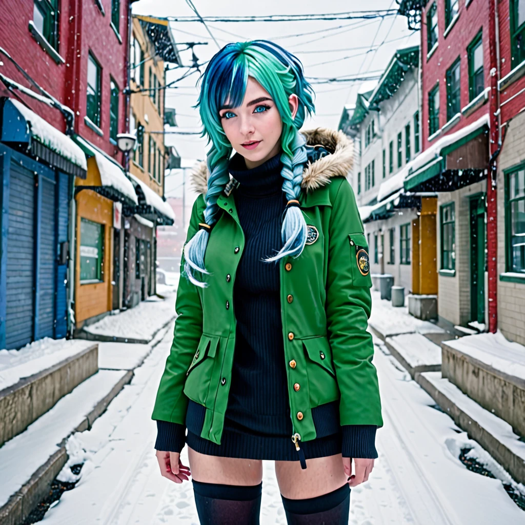 best quality,ultra high res,1girl,solo,full body,snow,city,, blue hair,green eyes,jk,, anal