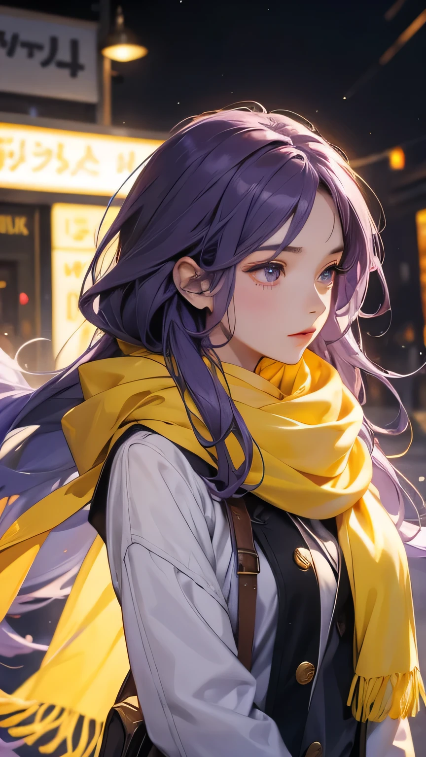 Purple long hair, yellow scarf, beautiful woman, 