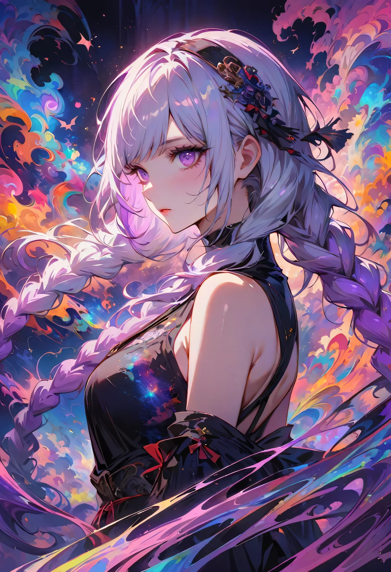 realist, (masterpiece, best quality, official art, beauty, Gothic, Tokyo Ghoul style: 1.2), Very detailed, fractal art, Gorgeous, More detail, Zentangle, (Atmospheric, cosmic, Psychedelic, dreamlike, fear, abstract background: 1.5), (Back-to-back), yinji, purple hair, purple eyes, long hair, white hair, double braids, gradient hair, Japanese folk style clothing