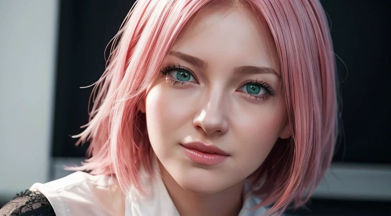 young woman, short shoulder-length pink hair, wide forehead, porcelain skin, pink eyebrows, big emerald green eyes, buttoned nose, full lips, heart-shaped face, slender body, small breasts, red tank top, Sakura Haruno , realistic, realism, details, 3d, well detailed
