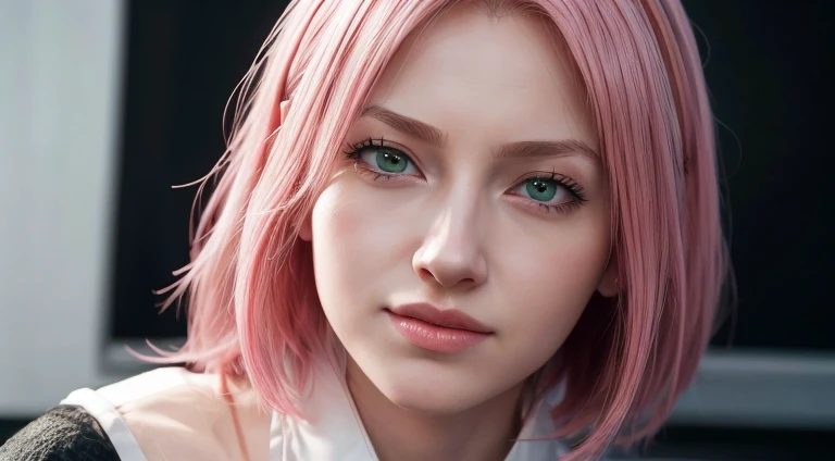 young woman, short shoulder-length pink hair, wide forehead, porcelain skin, pink eyebrows, big emerald green eyes, buttoned nose, full lips, heart-shaped face, slender body, small breasts, red tank top, Sakura Haruno , realistic, realism, details, 3d, well detailed