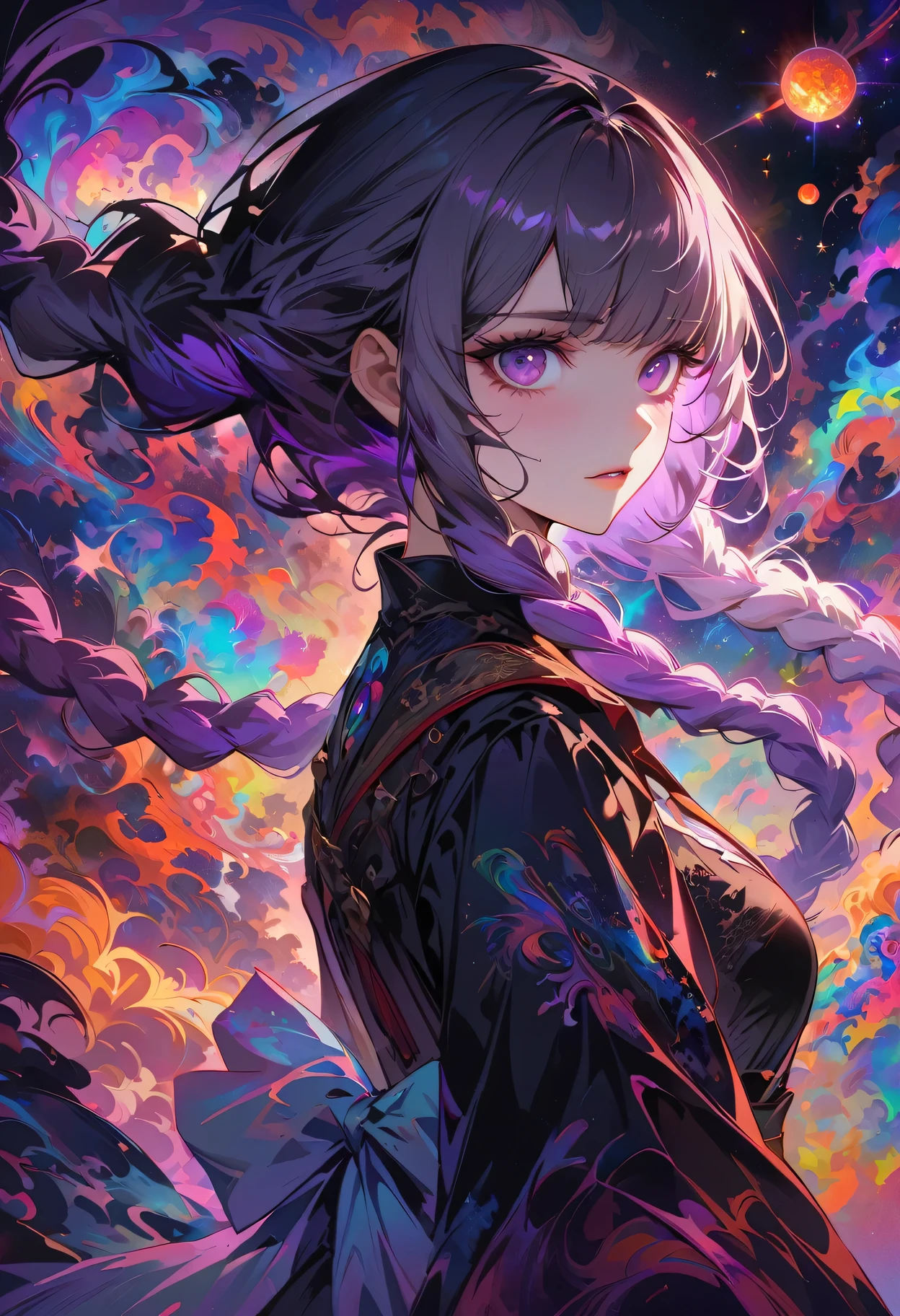 realist, (masterpiece, best quality, official art, beauty, Gothic, Tokyo Ghoul style: 1.2), Very detailed, fractal art, Gorgeous, More detail, Zentangle, (Atmospheric, cosmic, Psychedelic, dreamlike, fear, abstract background: 1.5), (Back-to-back), yinji, purple hair, purple eyes, long hair, white hair, double braids, gradient hair, Japanese folk style clothing