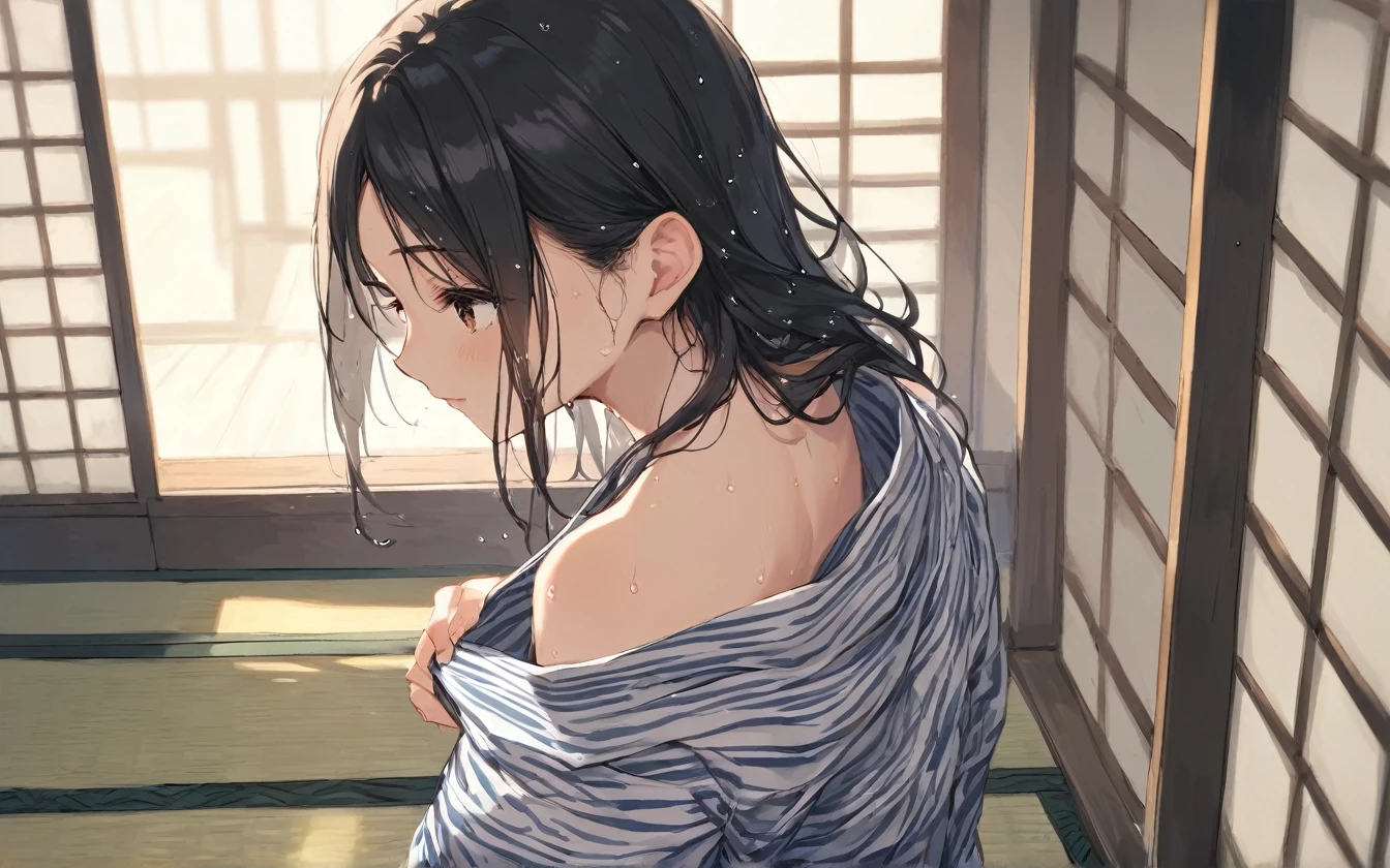 best quality, score_9, score_8, score_7_up, source anime, perfect anatomy, absurdity, from above, from side, solo, 1girl, teenager, looking front, looking another, yokozuwari, Japanese-style room with garden view, tatami, yukata, fan herself with a uchiwa, long hair, wet hair, black hair, brown eyes, sweat, 