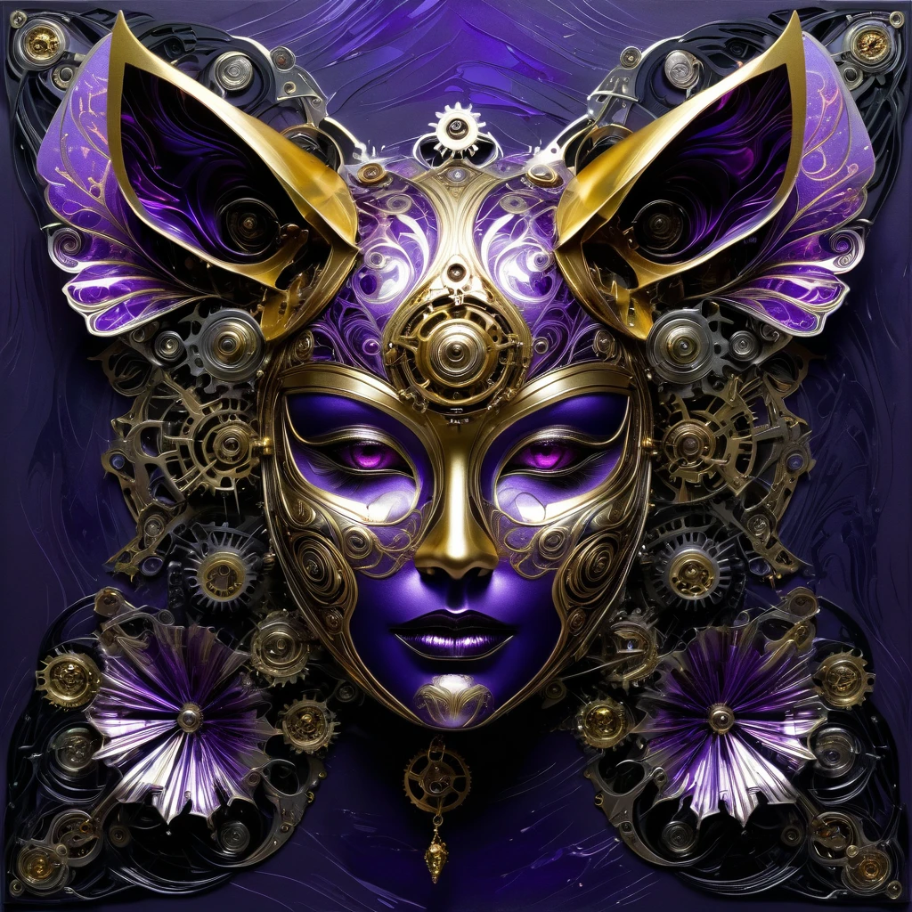 Folded paper artwork collage mixing glossy purple, gold, and silver foil textures, abstract fractal designs inspired by Commedia dell'arte and Venetian masks, echoing the styles of Philippe Vignal and Takato Yamamoto, juxtaposes allure with unease, neon glow illuminating the scene, intertwined with abstract black oil brushstrokes, mechanical gears with a mecha aesthetic, painted with meticulous. High Resolution, High Quality, Masterpiece