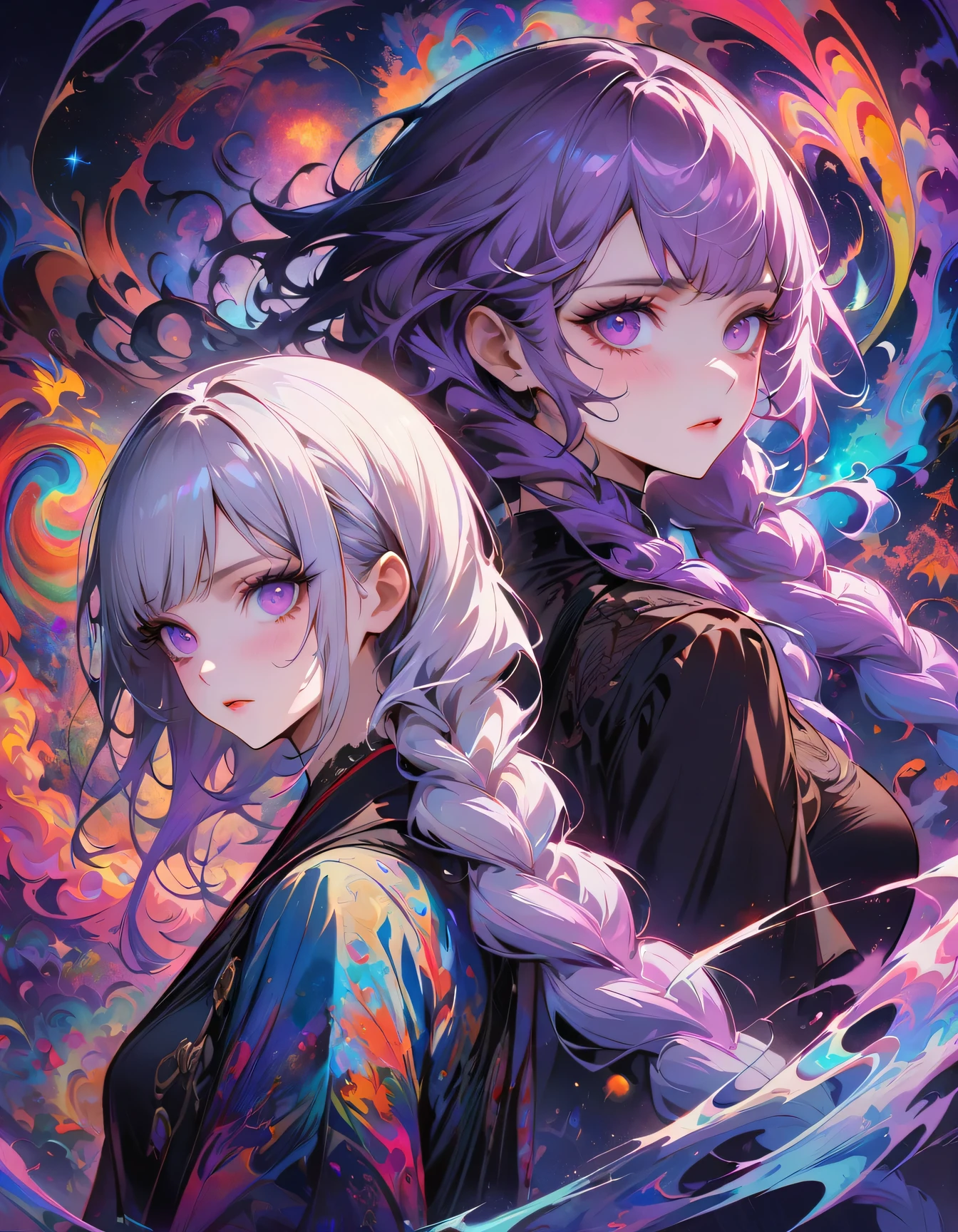 realist, (masterpiece, best quality, official art, beauty, Gothic, Tokyo Ghoul style: 1.2), Very detailed, fractal art, Gorgeous, More detail, Zentangle, (Atmospheric, cosmic, Psychedelic, dreamlike, fear, abstract background: 1.5), (Back-to-back), yinji, purple hair, purple eyes, long hair, white hair, double braids, gradient hair, Japanese folk style clothing