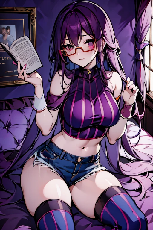 (masterpiece, best quality), 1girl, pink hair, crop top, denim shorts, bedroom, striped thighhighs, reading book with a eye glasses 