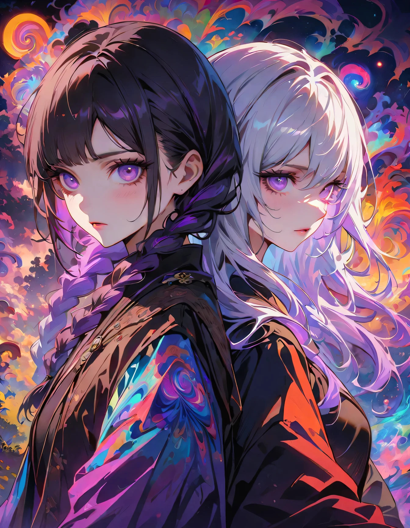 realist, (masterpiece, best quality, official art, beauty, Gothic, Tokyo Ghoul style: 1.2), Very detailed, fractal art, Gorgeous, More detail, Zentangle, (Atmospheric, cosmic, Psychedelic, dreamlike, fear, abstract background: 1.5), (Back-to-back), yinji, purple hair, purple eyes, long hair, white hair, double braids, gradient hair, Japanese folk style clothing