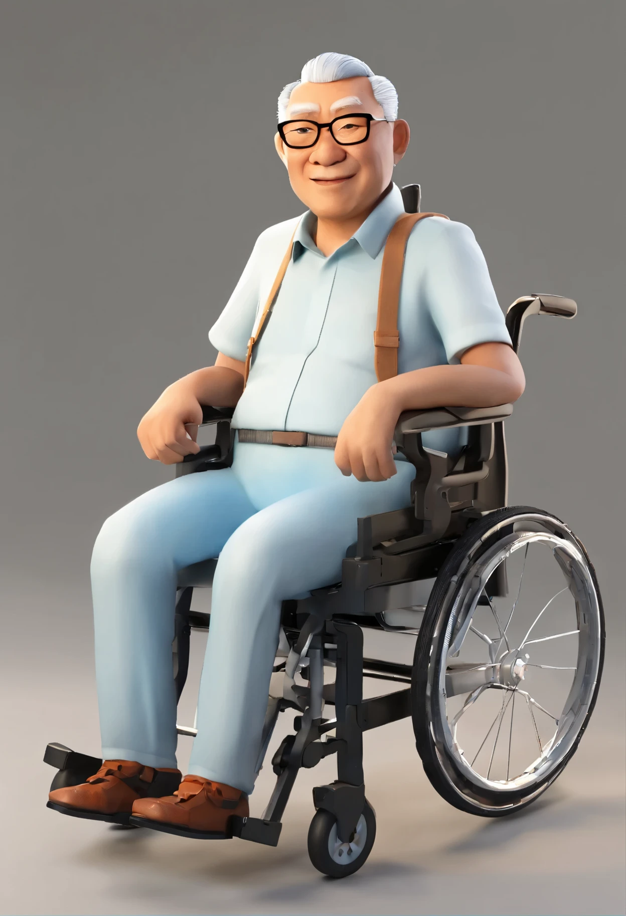 Pixar style 3d cartoon character of (1 old Asian man in a wheelchair:1.1) with black glasses and a blue shirt, simple clean background, 3d render, close up, best quality, masterpiece, detailed, sharp focus