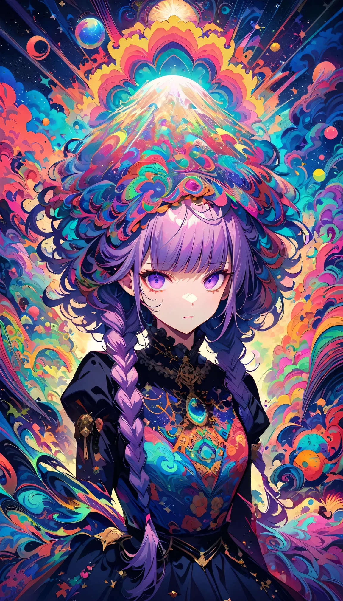 realist, (masterpiece, best quality, official art, beauty, Gothic, Tokyo Ghoul style: 1.2), Very detailed, fractal art, Gorgeous, More detail, Zentangle, (Atmospheric, cosmic, Psychedelic, dreamlike, fear, abstract background: 1.5), yinji, purple hair, purple eyes, long hair, white hair, double braids, gradient hair, Japanese folk style clothing