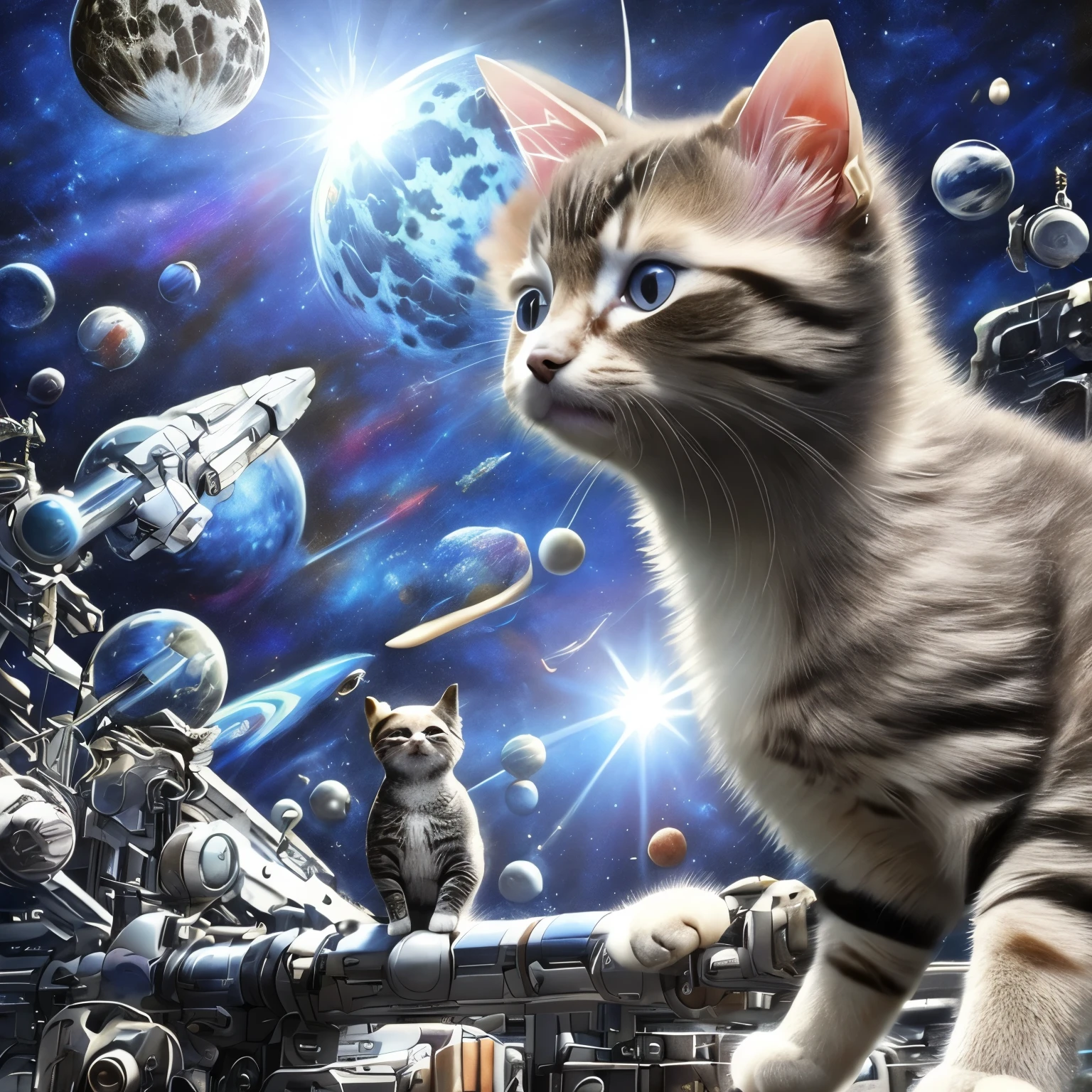 A realistic cute cat made of metal parts, 1cat, solo, space cat, futuristic base in the background, science fiction, space ships far in the sky