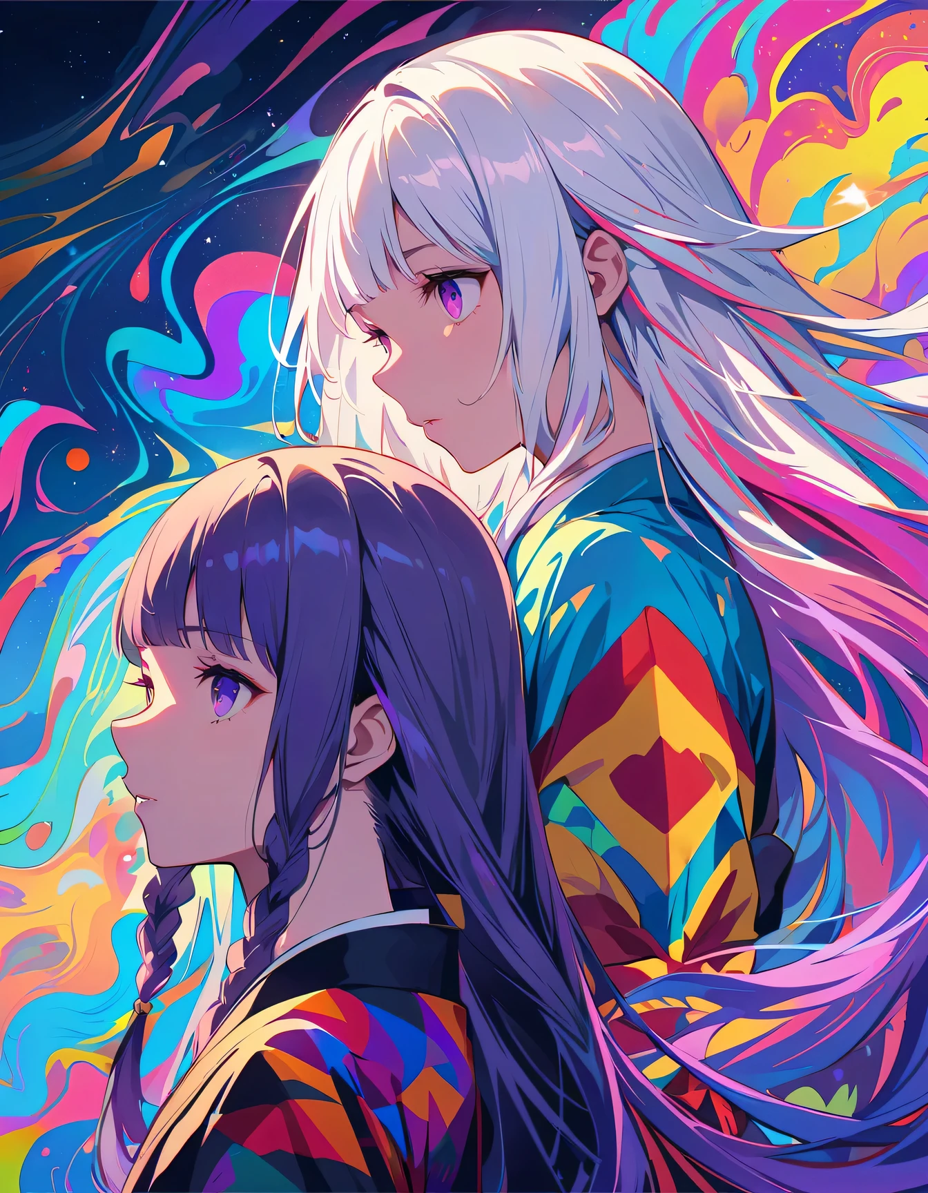 realist, (masterpiece, best quality, official art, beauty, Gothic, Tokyo Ghoul style: 1.2), Very detailed, fractal art, Gorgeous, More detail, Zentangle, (Atmospheric, cosmic, Psychedelic, dreamlike, fear, abstract background: 1.5), (Back-to-back), yinji, purple hair, purple eyes, long hair, white hair, double braids, gradient hair, Japanese folk style clothing