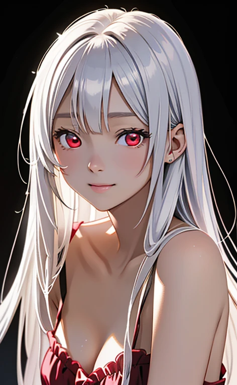 (Photorealistic:1.4)、asuna,(masterpiece、lens flare:1.5、spot light:1.2、Exquisite beautiful eyeonochrome:1.5,portlate、)、Cute Face、 3D Face、(white hair:1.5、Straight Hair)、(1 Girl)、(Red eyes:1.2)、(upper body)、(Sundress)、 (Cute face:1.2),(light smile:1.2),(half closed eyes:1.2),kind face,(Small breasts),(black background:1.5)、(glowing eyes:1.3)、()、 Neat and clean、Adorable、Slim Body(Tareme:1.5),Shiny Hair、(Glowing pink Skin)、Nijisketch,Manga,zydG