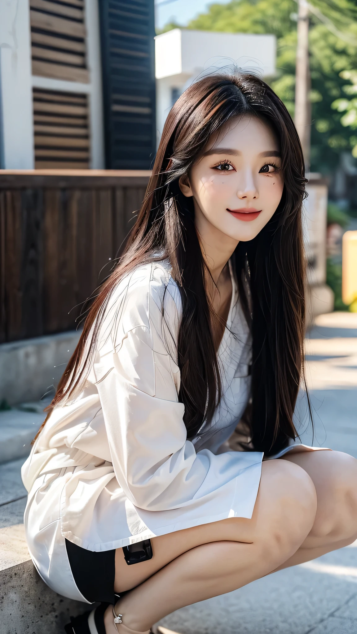 ​masterpiece、top-quality)、1 beautiful girl、((Wearing black sunglasses )), (Detailed beautiful eyes), ((Detailed skin)) , ((Detailed medium hair)), in the white villa、((Boyish Brown Medium Hair))、((Smaller face))、((Neutral face))、((Face seen from the side))、((Light brown eyes))、((Korean Girl))、((18year old))、((cool lady))、((A shy smile on his face))、((Korean Makeup))、((elongated and sharp eyes))、((Happy dating))、((boyish))、((Shot from the same height as your face)、full body , RAW photos, on the white villa ), ((CG rendering)), ((Blurred background)), ((16K)),  ((Very detailed)), ((wallpaper)), ((depth of field)), ((movie light)), (( Ray tracing)).