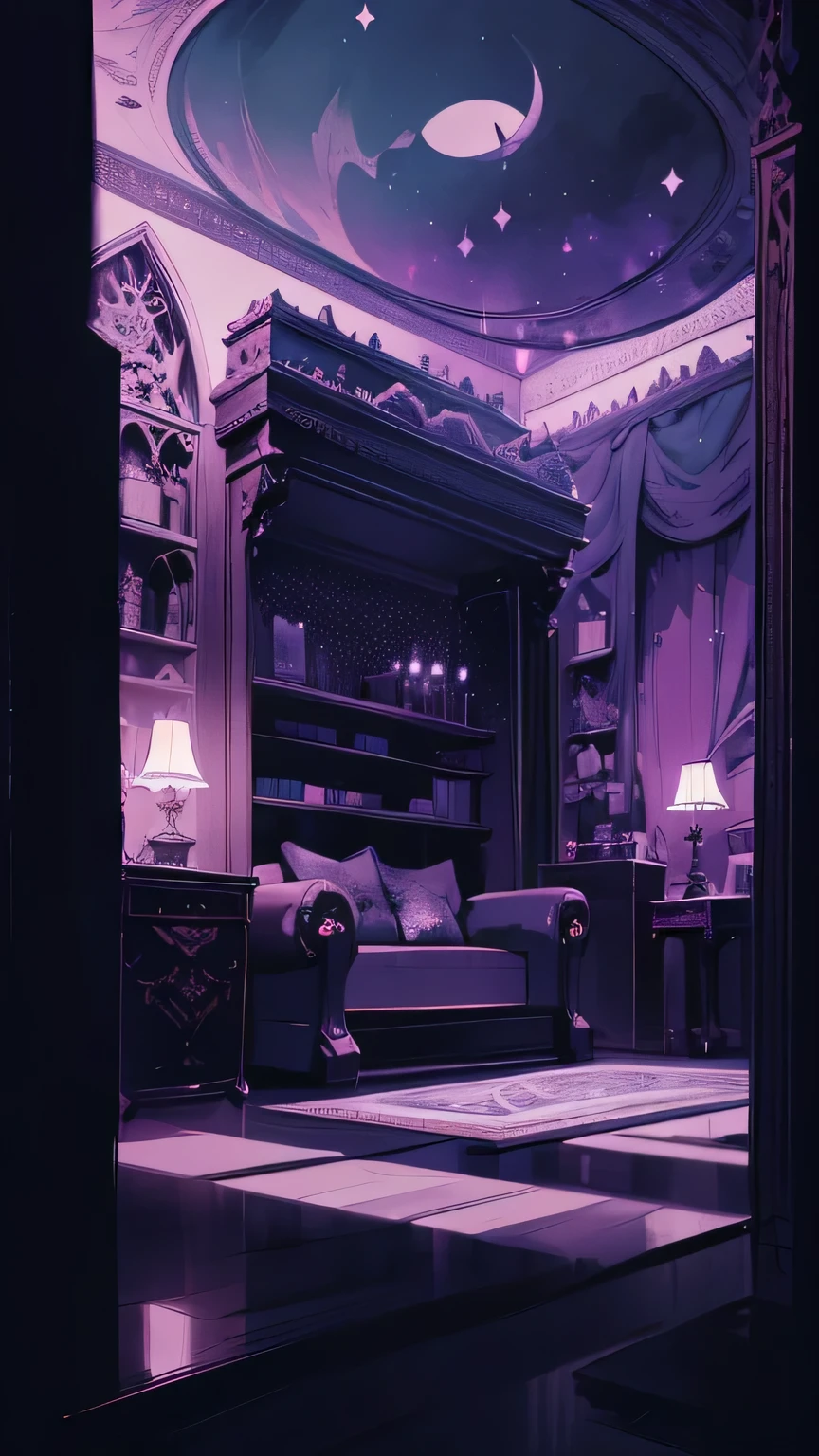 A highly detailed, gothic-style illustration of a spacious indoor room at night, with a wide composition showcasing a gothic-style bed, a chandelier, gothic-style furniture, bookshelves, and a plush rug, all bathed in a moody, dark atmosphere with a beautiful night sky visible through the lace curtains, featuring a crescent moon and twinkling stars, masterpiece, (best quality,8k,ultra-detailed,hyper-realistic,extremely detailed),(intricate,gothic,dark fantasy:1.2),dramatic lighting,moody atmosphere,cinematic,elegant,luxurious interior,minimal human presence,(pink and black color palette:1.1),ethereal,mystical,atmospheric,studio lighting,physically-based rendering