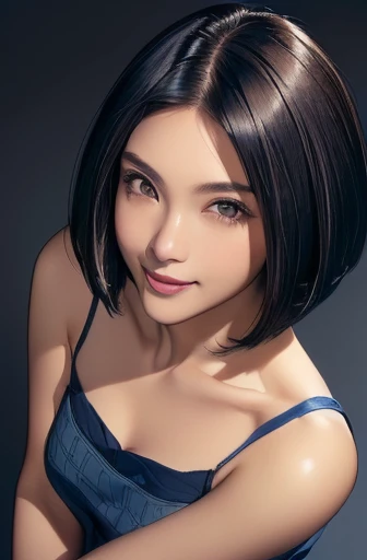 (masterpiece), (8k, best quality, high resolution), (ultra-detailed, realistic), (anatomically correct),
((from above)), ((look up and see the viewer)),
((face close-up)), (Standing), (No background),
(1woman),
(A Japanese woman, 30 years old and 155cm tall.),
(Carefully describe the right eye),
(((Wear a navy blue tunic camisole))), ((A camisole without decoration.)),
(black hair), (straight hair), (short hair style), ((bob cut)),
((smile broadly)),
(Her impression is pure, clean and kind.),