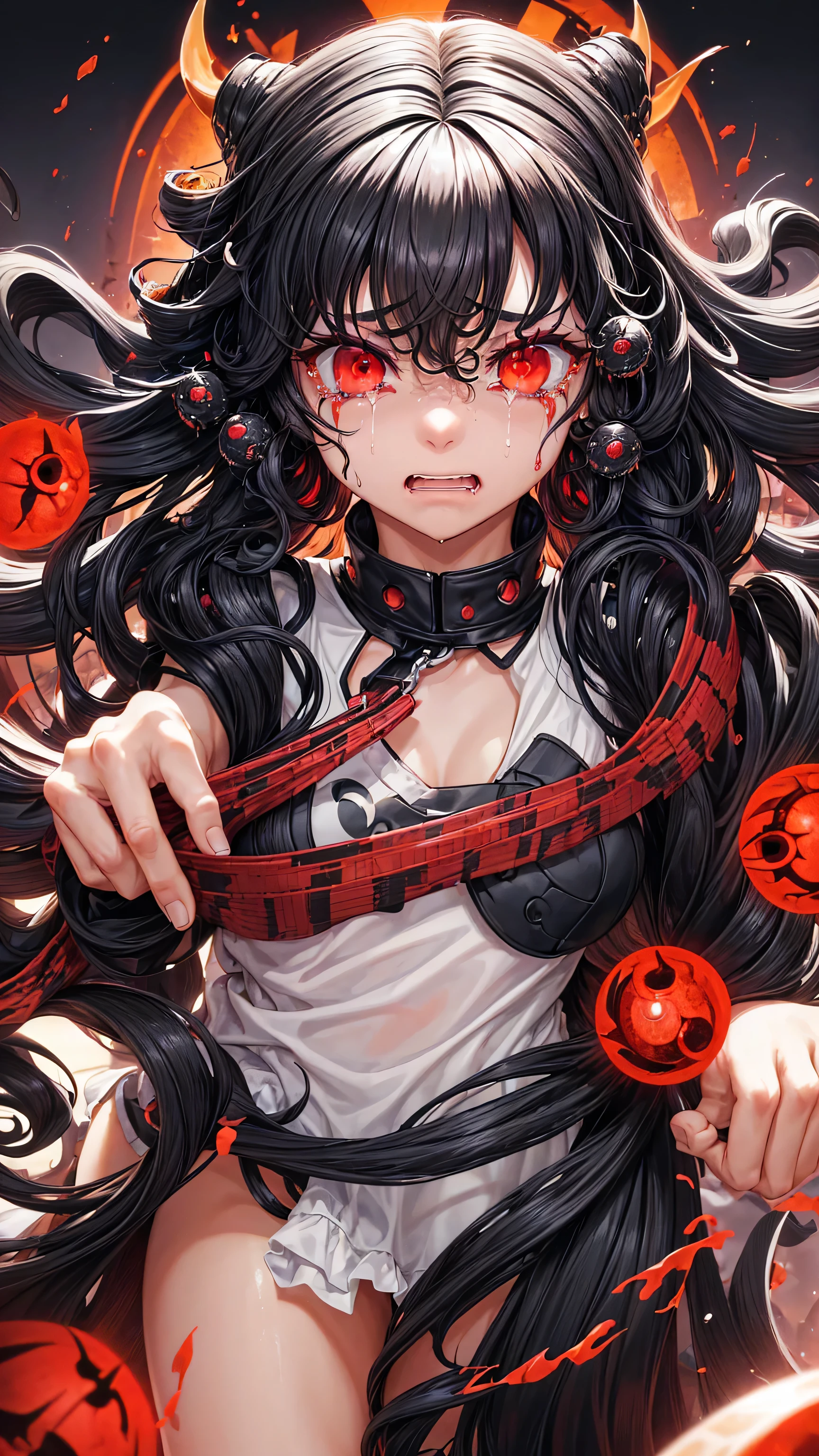 (solo curly:1.2 black hair long hair evil girl, rage red eyes with tears:1.7), (left hand put on own chest) (in a evil God robe), BREAK, (float in the darkness), (master piece, best quality, 16k).