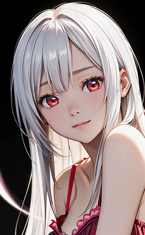 (Photorealistic:1.4)、asuna,(masterpiece、lens flare:1.5、spot light:1.2、Exquisite beautiful eyeonochrome:1.5,portlate、)、Cute Face、 3D Face、(white hair:1.5、Straight Hair)、(1 Girl)、(Red eyes:1.2)、(upper body)、(Sundress)、 (Cute face:1.2),(light smile:1.2),(half closed eyes:1.2),kind face,(Small breasts),(black background:1.5)、(glowing eyes:1.3)、()、 Neat and clean、Adorable、Slim Body(Tareme:1.5),Shiny Hair、(Glowing pink Skin)、Nijisketch,Manga,zydG