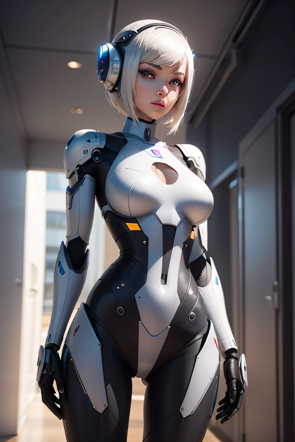 ((Best quality)), ((masterpiece)), (detailed: 1.4), (Absurd), paper, colorful line art, perfect face, Fighter pilot hot Latina woman ready for war, fair skin, lightning and lightning, muscular sculptural body defined, (((full body)))), half-thick naked thighs, closed mouth, muscular body covered in technological gray clothing, Neon Genesis Evangelion style, cyberpunk, generous neckline, ((perfect medium breasts)), (lilac eyes), ((totally gray lead clothing with golden rays)), (((short dark white hair straight)))), short-cut, long eyelashes and black heavy makeup, garter belt, ouka_studio, close to real, psychopath, crazy face, sexy pose, red and white background, 2 piece clothing, centered, scale to fit dimensions, HDR (High Dynamic Range),Ray Tracing,NVIDIA RTX,Super-Resolution, Unreal 5,Subsurface Dispersion, PBR Texture, Post-processing, Anisotropic Filtering, Depth of Field, Maximum Clarity and Sharpness, Multilayer Textures, Albedo and Specular Maps, Surface Shading, Accurate Simulation of Light-Material Interaction, Perfect Proportions, Octane Render, Two-Tone Lighting, Wide Aperture, Low ISO, White Balance, Rule of Thirds, 8K RAW, Crysisnanosuit
