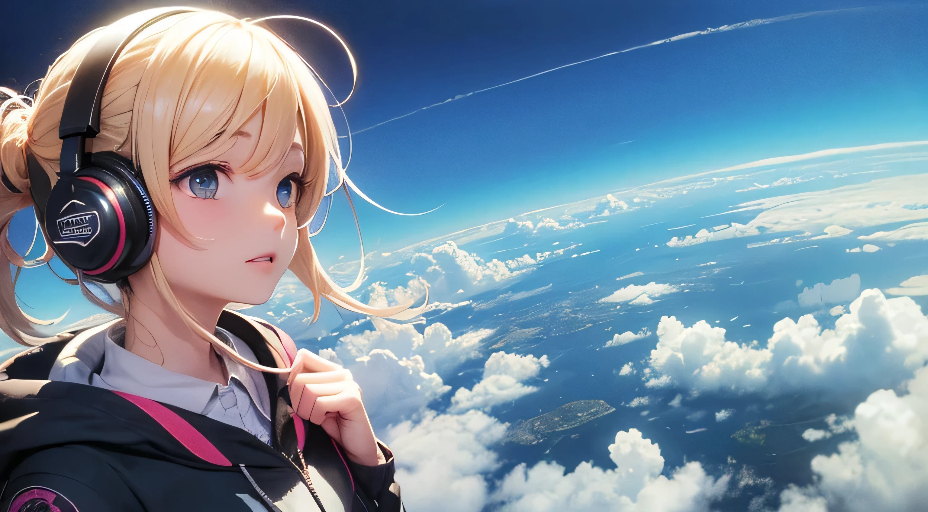 Absurd, High resolution, (Official Art, beautifully、aesthetic:1.2), Close-up, Bright Sky, A vast world, girl, Wear headphones, stare, Awe-inspiring expressions, Distant Horizon, cloud, High Hill, Natural Beauty, Inspiration, Light effects,Looking down from above、Streetscape