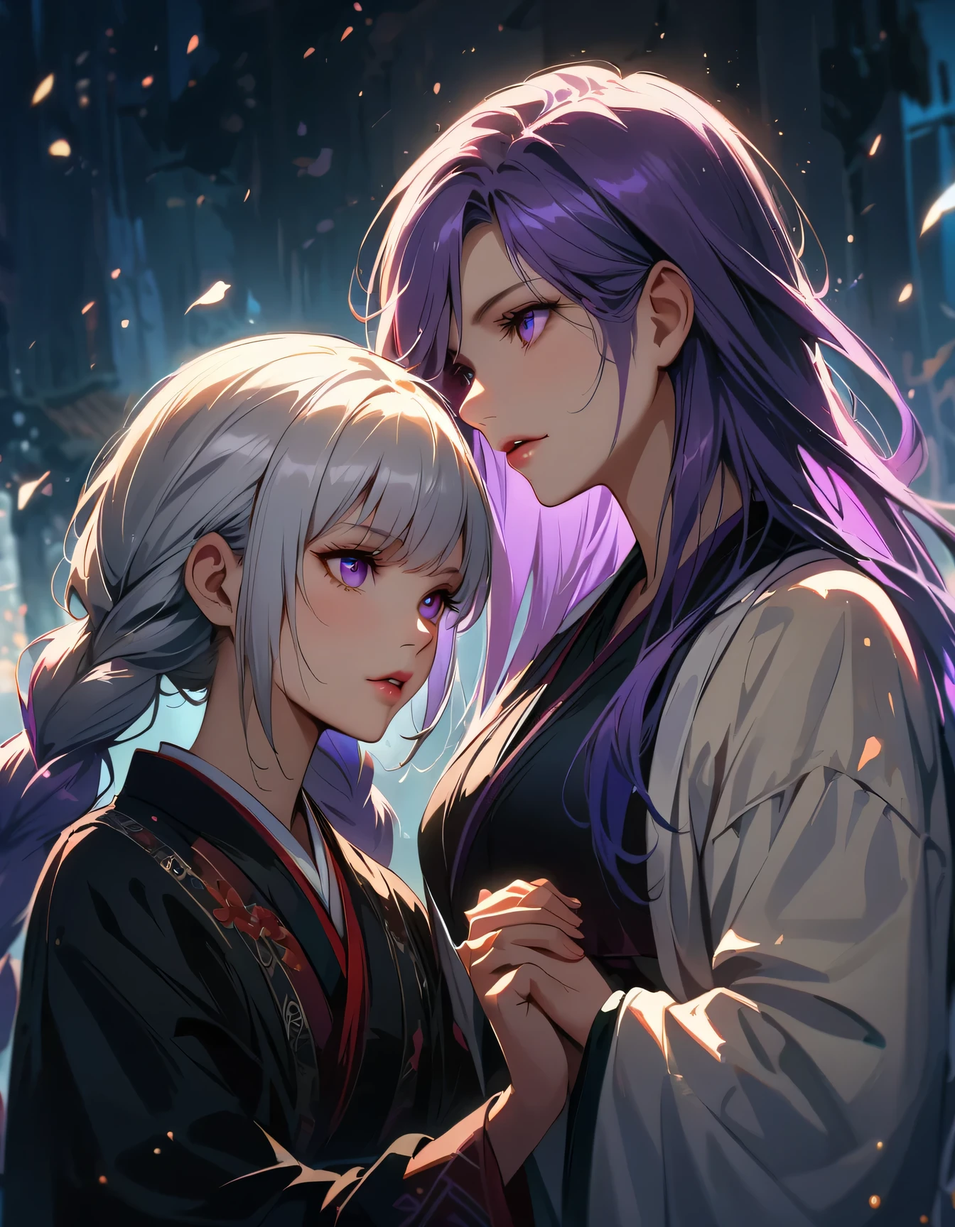 beautiful detailed eyes, beautiful detailed lips, extremely detailed eyes and face, long eyelashes, Tokyo Ghoul style,2 girls, holding hands, yinji, purple hair, purple eyes, long hair, white hair, double braids, gradient hair, Japanese folk style clothing, dark fantasy, dramatic lighting, cinematic composition, highly detailed, 8k, best quality, masterpiece, photorealistic, HDR, award winning, dramatic atmosphere, chiaroscuro, Gothic, moody, mystical, ethereal