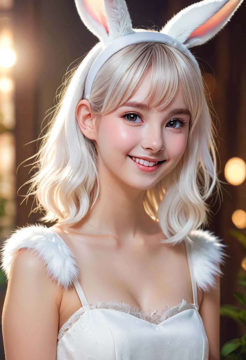 a rabbit-eared girl, 1girl, animal ear headband, cute, smiling, white rabbit ears, fluffy, white rabbit tail, pastel colors, delicate, soft lighting, ethereal, magical, fantasy, (best quality,4k,8k,highres,masterpiece:1.2),ultra-detailed,(realistic,photorealistic,photo-realistic:1.37)