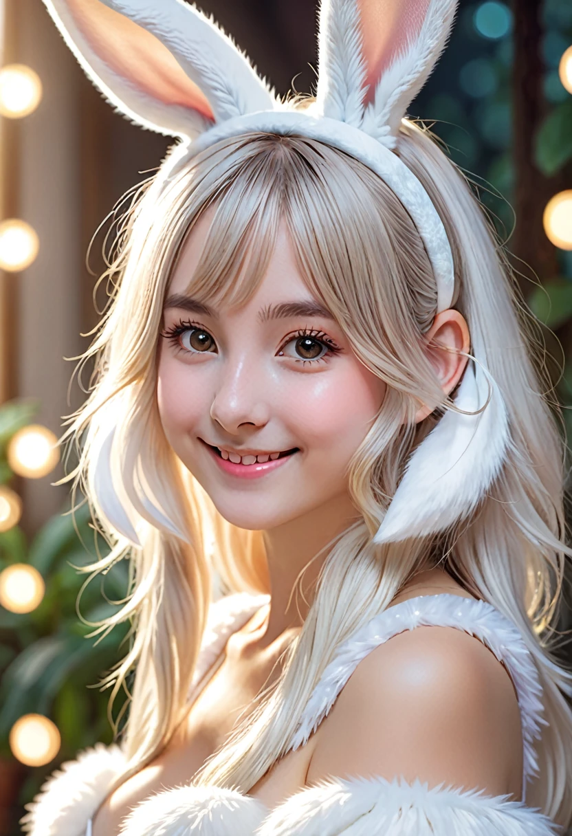 a rabbit-eared girl, 1girl, animal ear headband, cute, smiling, white rabbit ears, fluffy, white rabbit tail, pastel colors, delicate, soft lighting, ethereal, magical, fantasy, (best quality,4k,8k,highres,masterpiece:1.2),ultra-detailed,(realistic,photorealistic,photo-realistic:1.37)